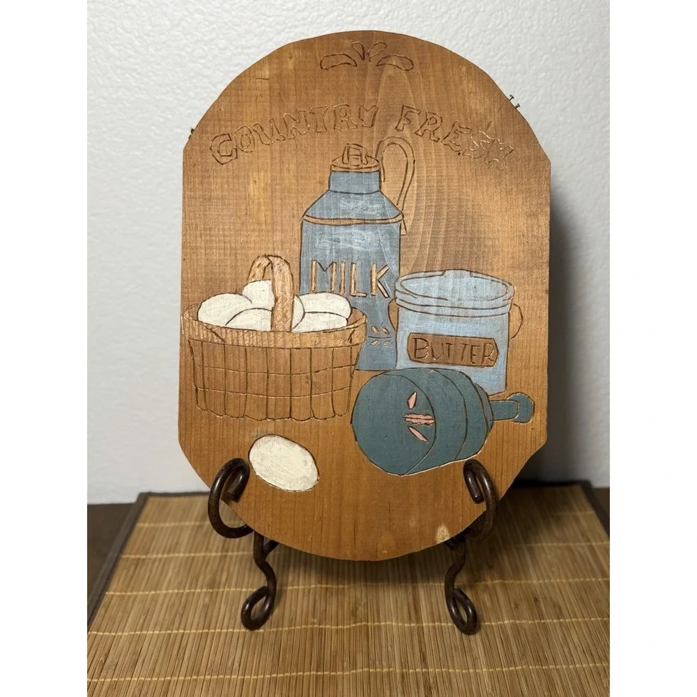 Vtg MCM Folk Art Grandma Country Wood Slab Milk Butter Handmade Wall Decor